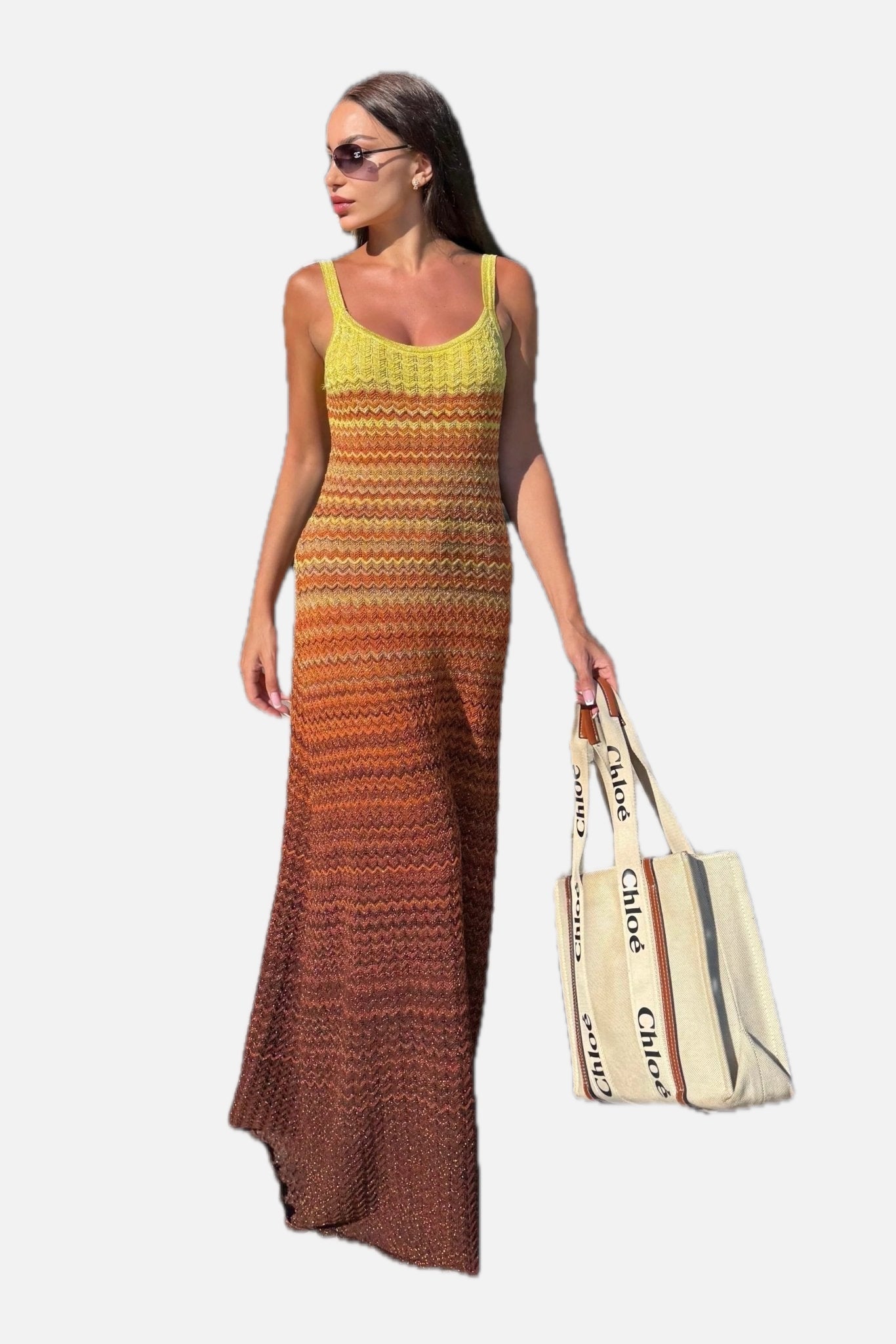 Women's Knit Maxi Dress Sleeveless with Scoop Neck and Ombre Pattern