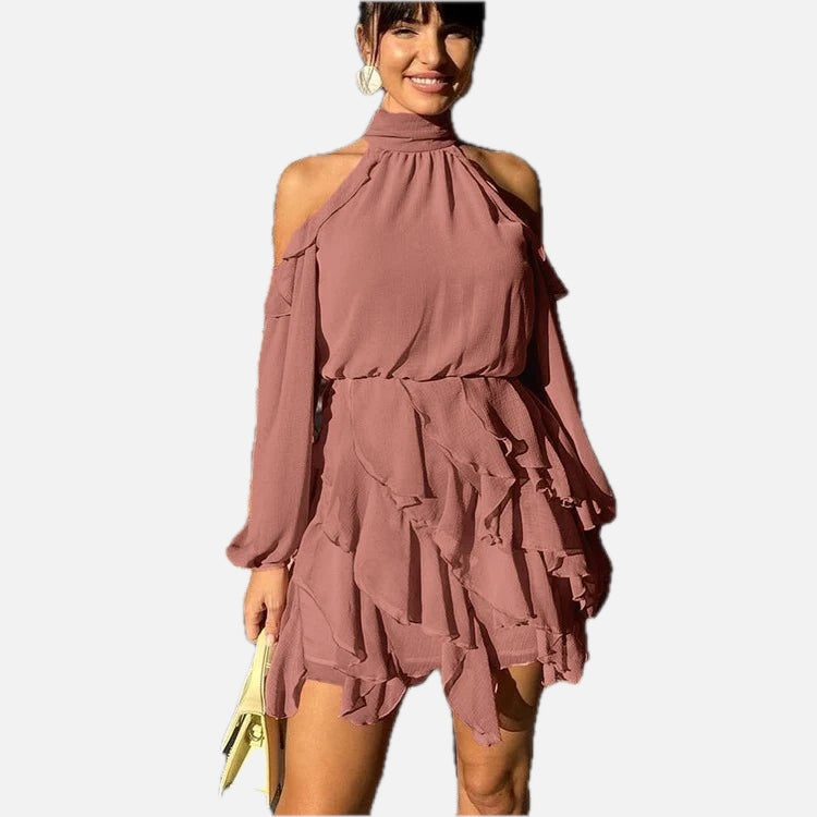 Women's Halter Mini Dress with Cold Shoulder and Tiered Ruffled Skirt