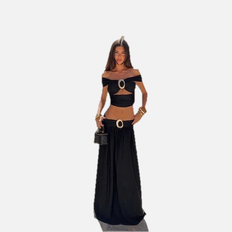 Women's Off-Shoulder Crop Top and Maxi Skirt Two-Piece Set - 1