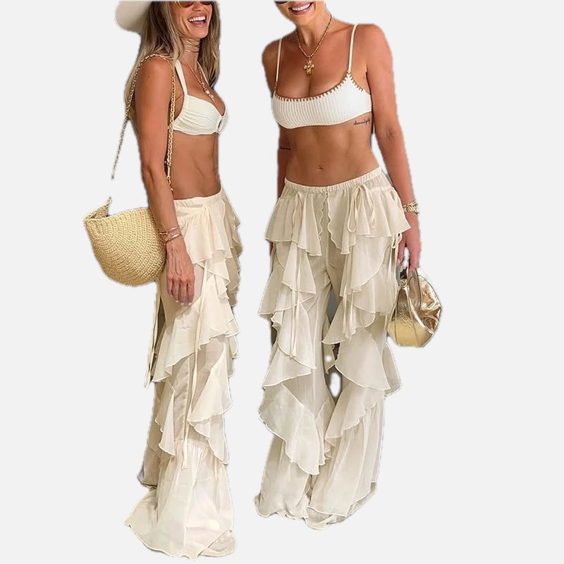 Women's Cargo Trousers with Tiered Ruffle Detail and Wide Leg - 1