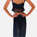 Women Co-ord Set Sleeveless Crop Top with Lace Trim and Wide-Leg Trousers