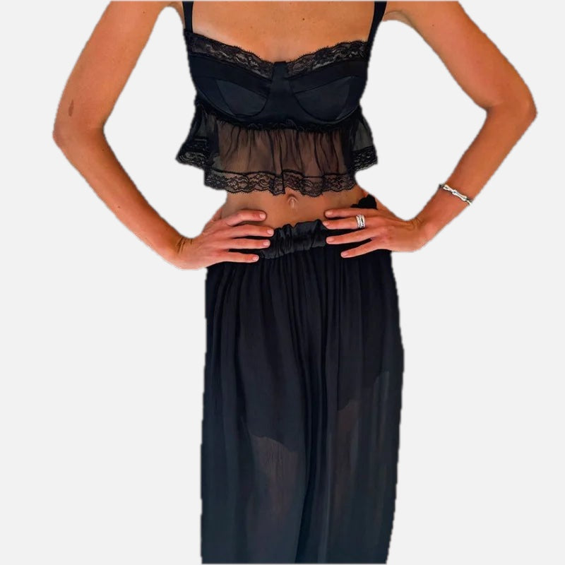 Women Co-ord Set Sleeveless Crop Top with Lace Trim and Wide-Leg Trousers