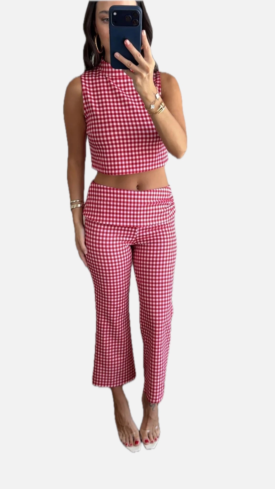 Women's Gingham Co-ord Set Sleeveless Crop Top with Cropped Trousers