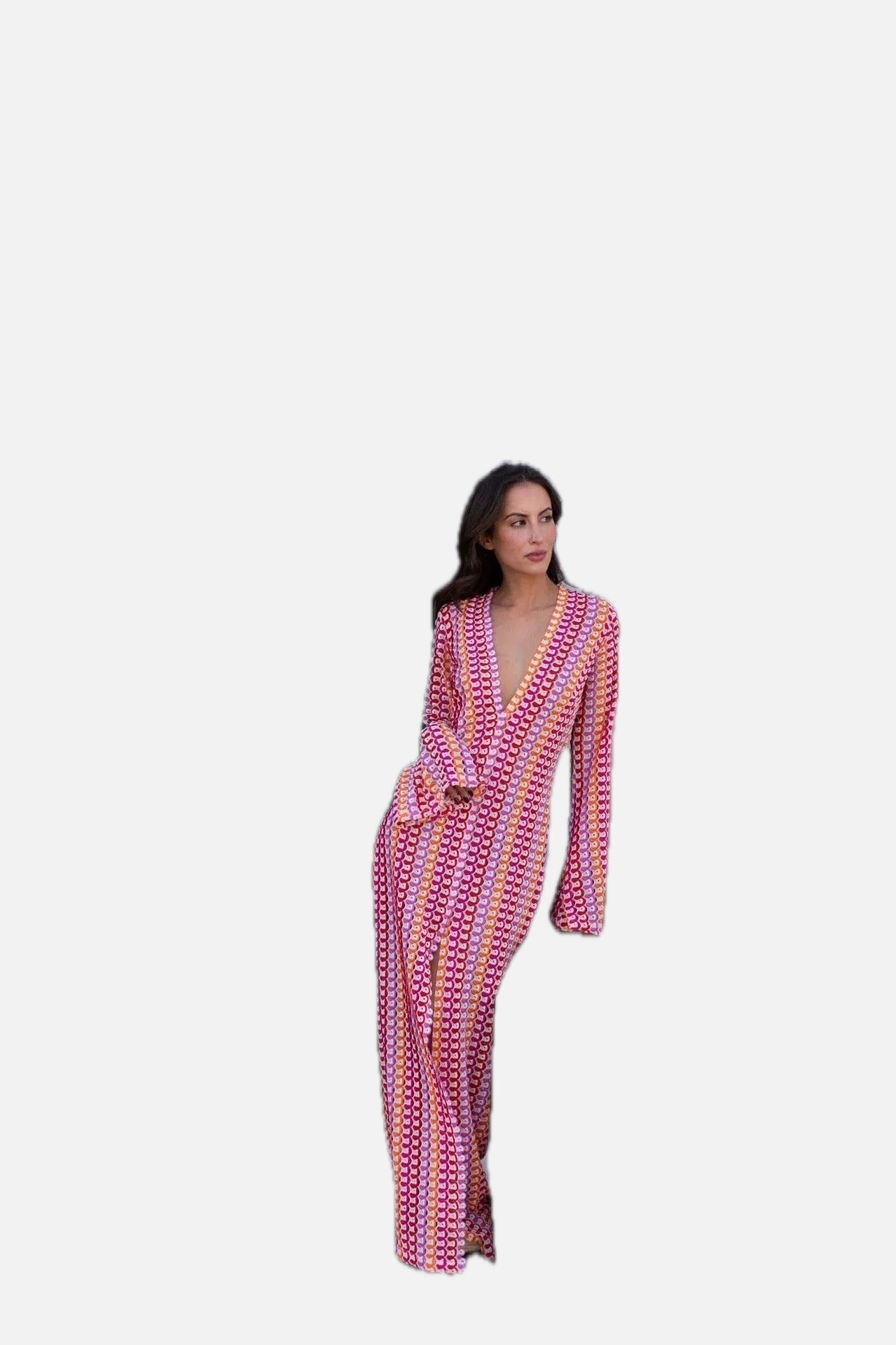 Women's Maxi Dress with V-Neck and Striped Print