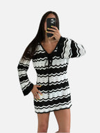 Women's Crochet Mini Dress with V-Neck and Long Sleeves