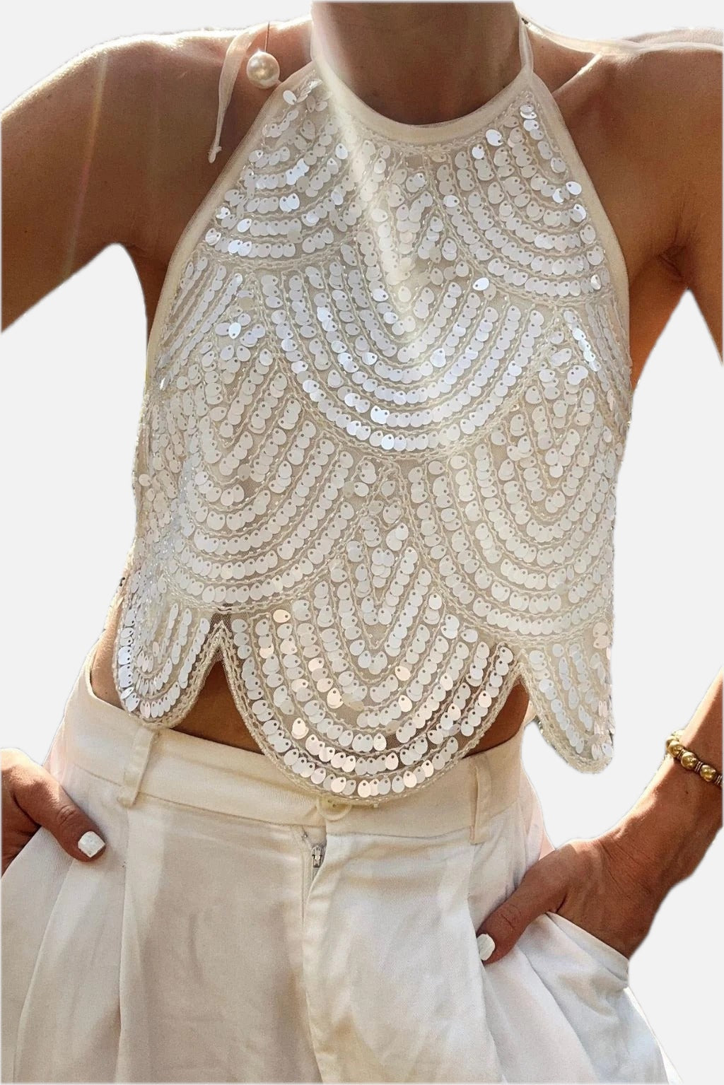 Women's Sequin Halter Top with Scalloped Hem