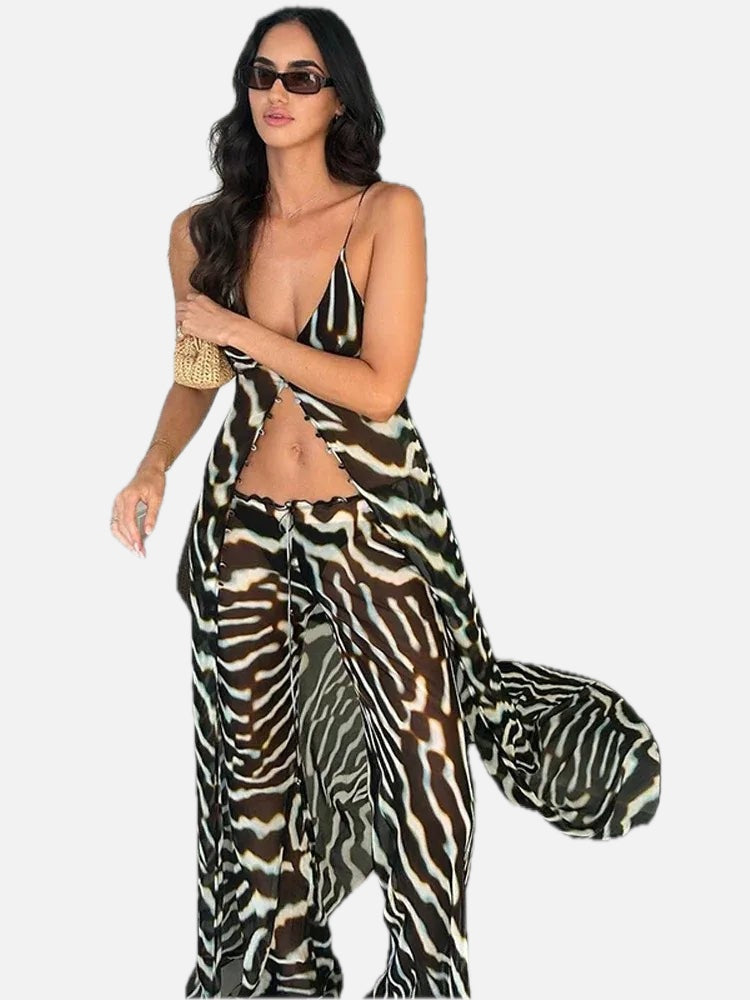 Women's Co-Ord Set with Zebra Print and Wide-Leg Trousers