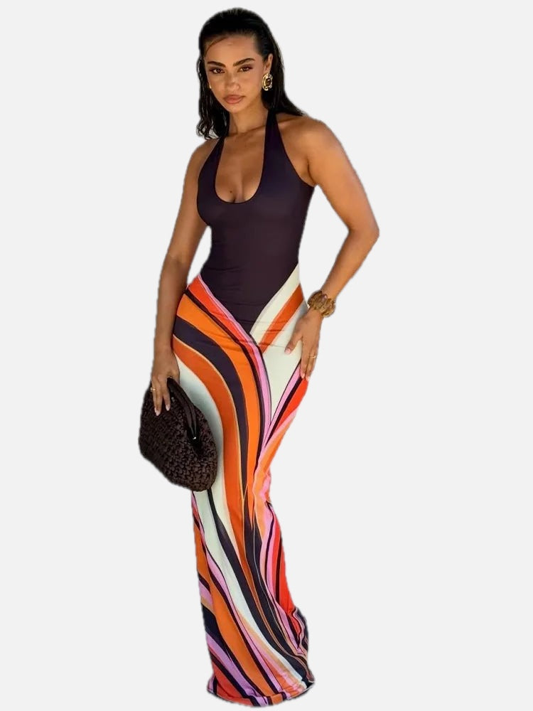 Women's Halterneck Maxi Dress with Colourblock Swirl Print