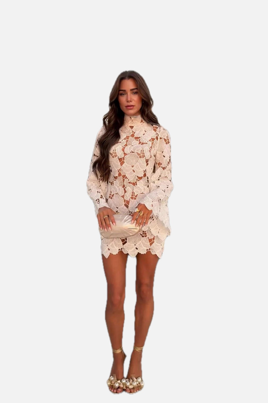 Women's Crochet Mini Dress with Long Sleeves and High Neck