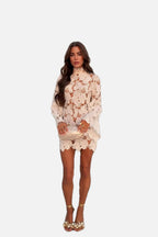 Women's Crochet Mini Dress with Long Sleeves and High Neck