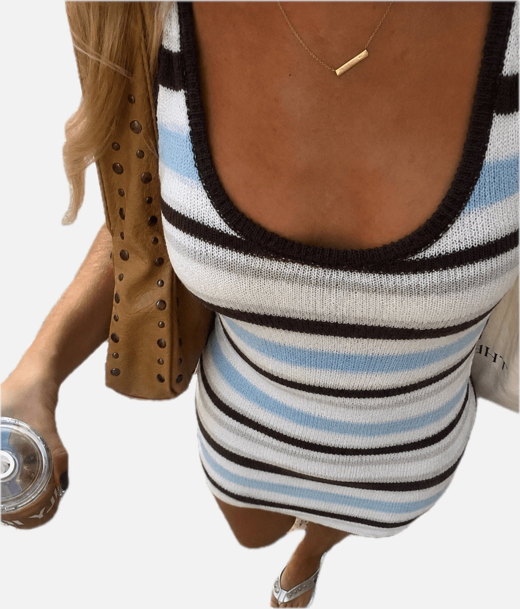 Women's Striped Mini Dress with Scoop Neck and Sleeveless Fitted Silhouette - 1