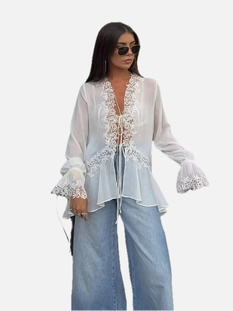 Women's Lace-Trim Cardigan Top with Flare Sleeves and V-Neck