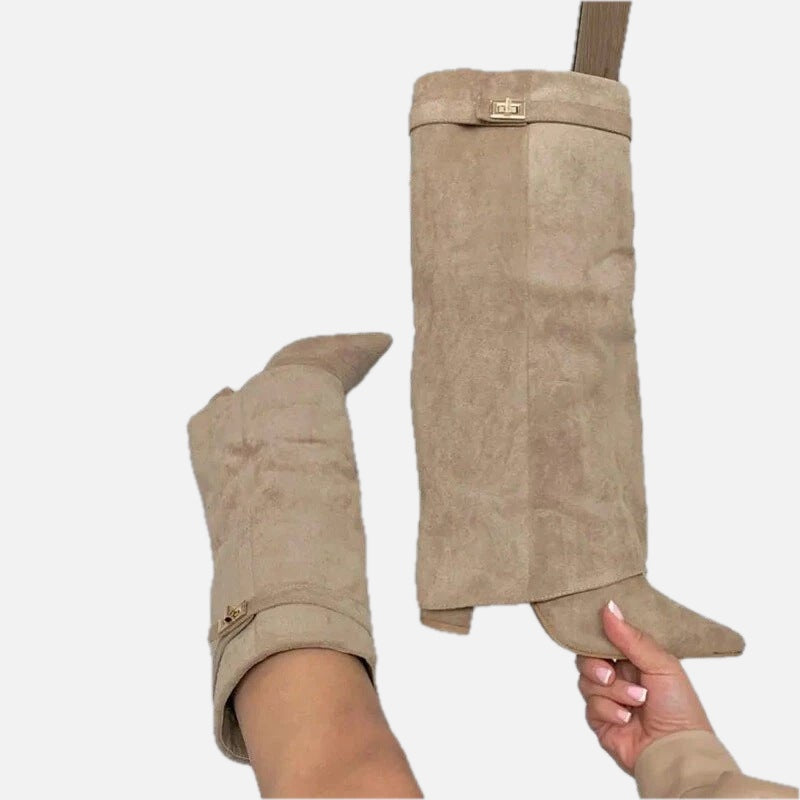 Women's High Boots with Fold-Over Cuff and Pointed Toe - 1