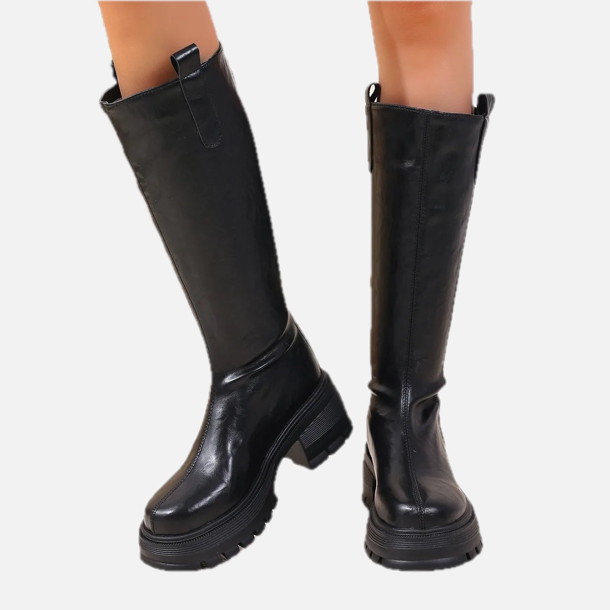 Women's Knee High Boots with Round Toe and Block Heel - 1