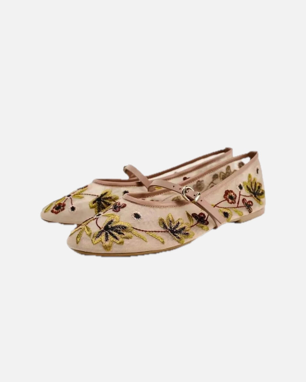 Women's Embroidered Mary Jane Flats with Floral Detail - 1