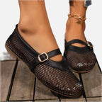 Women's Mary Jane Ballet Flats with Mesh Upper and Buckle Strap - 1