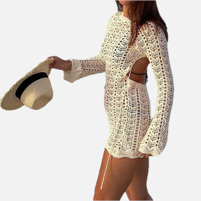 Women Beach Cover-Up Dress Backless with Long Sleeves - 1