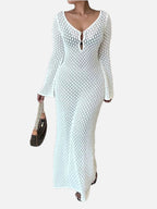 Women's Crochet Maxi Dress with V-Neck and Long Sleeves