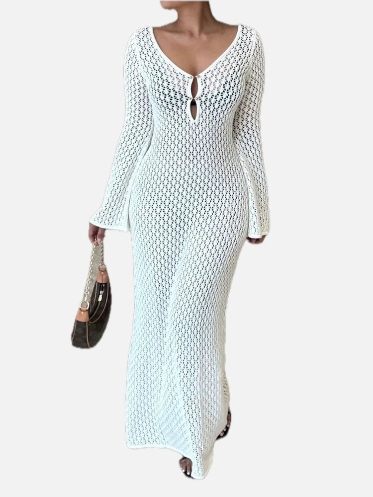 Women's Crochet Maxi Dress with V-Neck and Long Sleeves