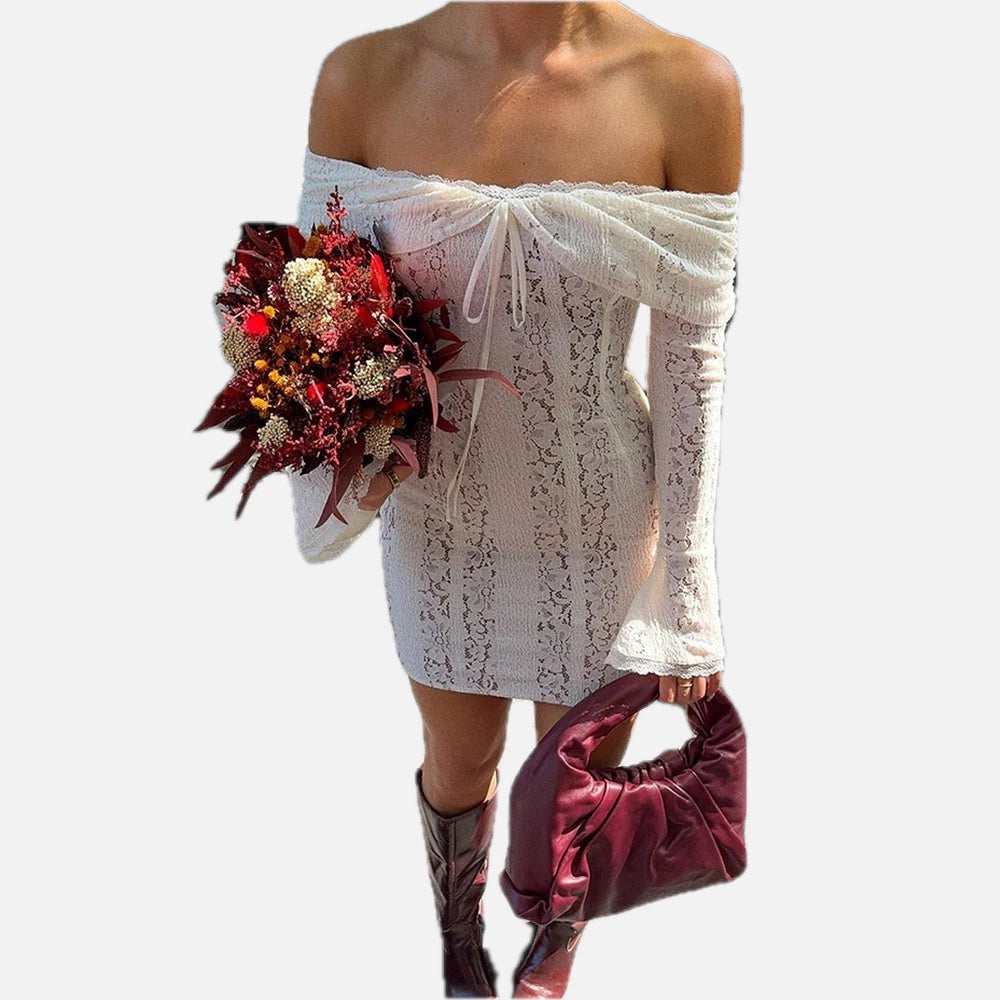 Women's Off Shoulder Mini Dress with Long Sleeves and Lace Detail