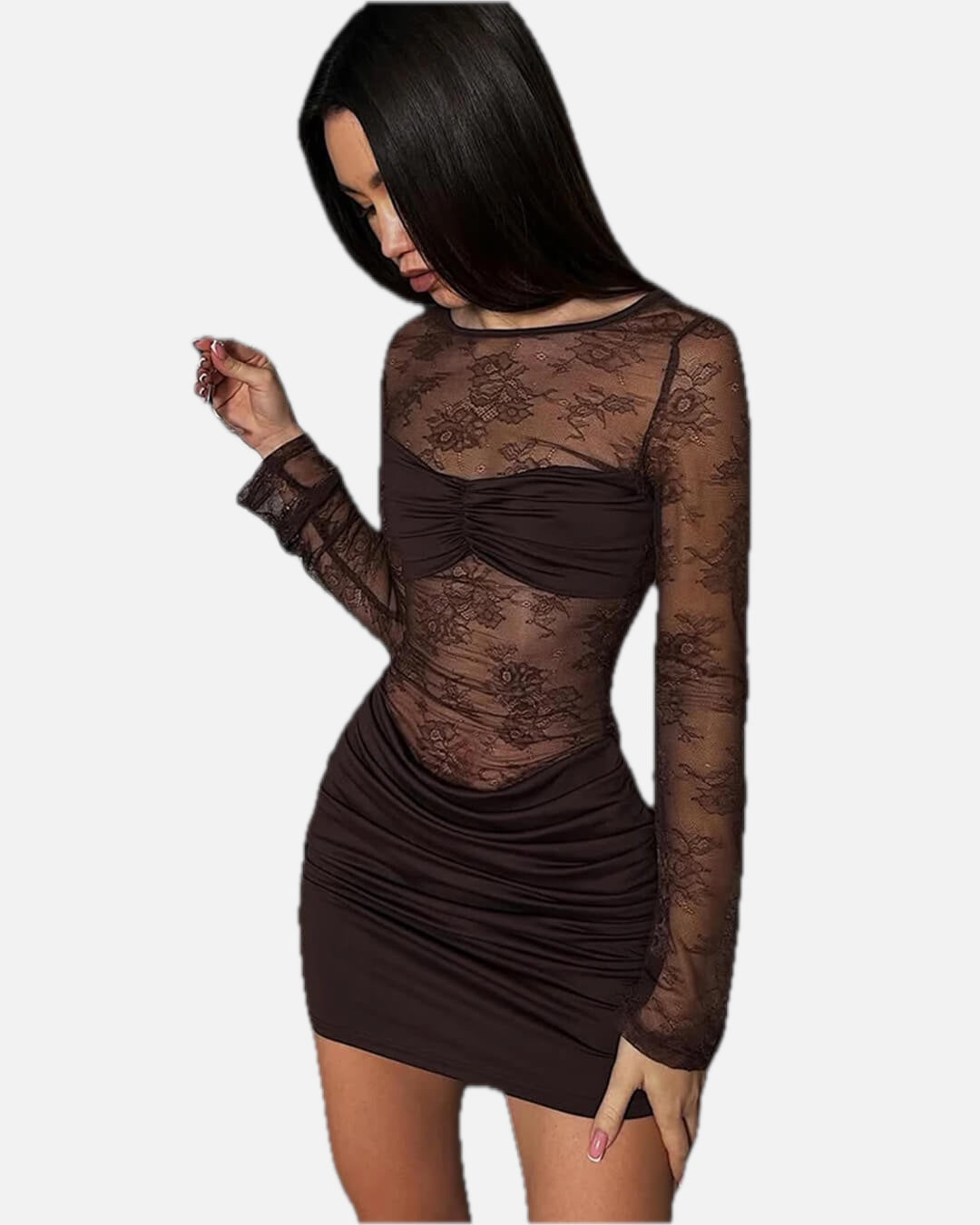 Women's Backless Lace Mini Dress with Long Sleeves and Ruched Bodice - 1