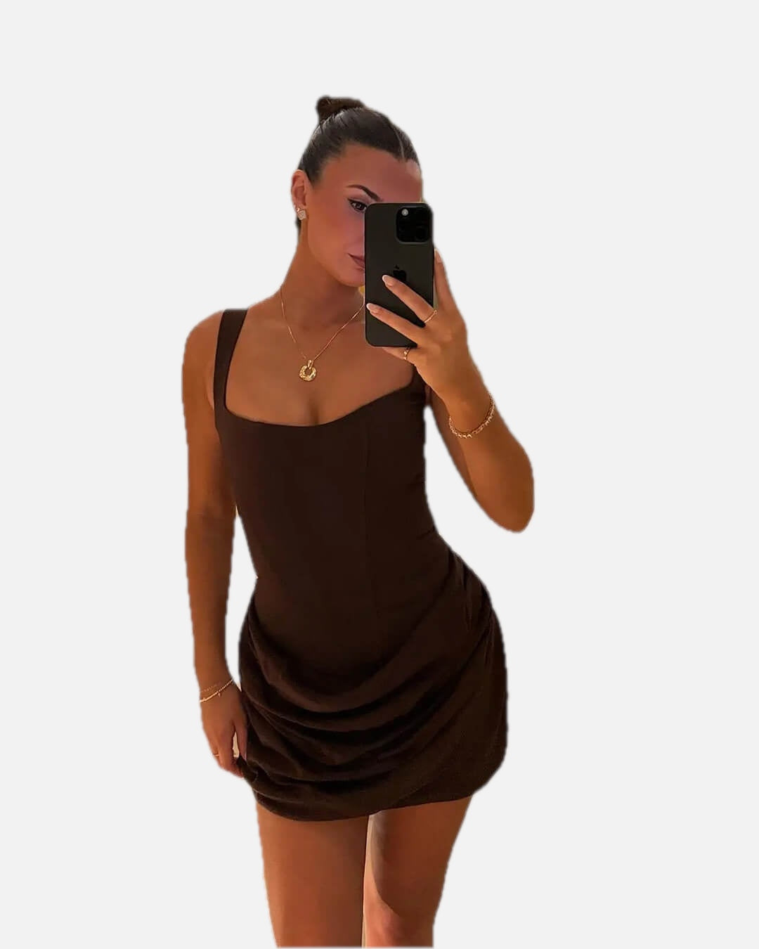Women's Sleeveless Mini Dress with Square Neck and Ruched Detail - 1