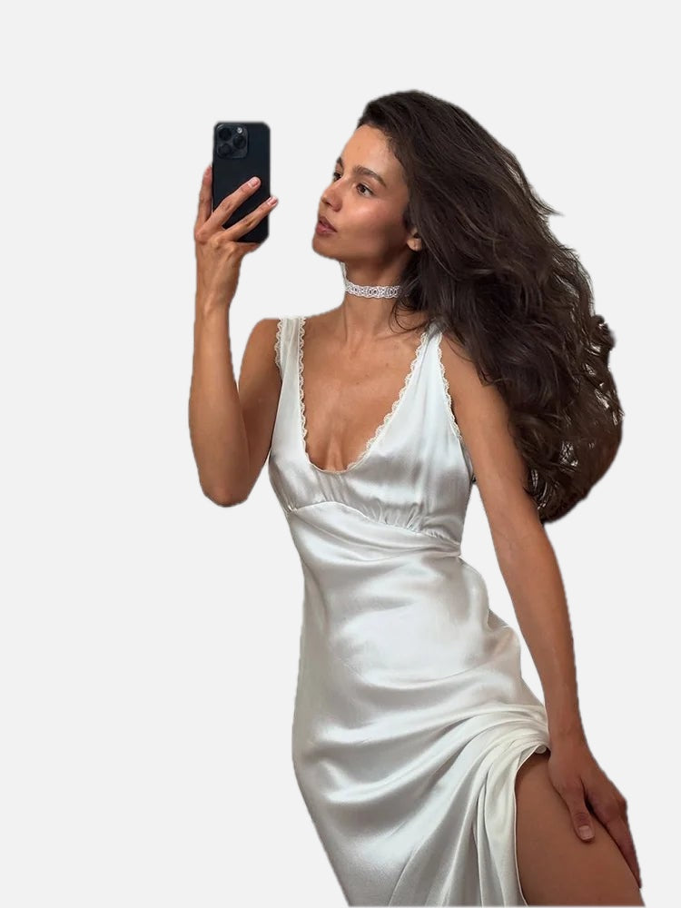 Women's Satin Midi Dress Sleeveless with Plunging Neckline and A-Line Silhouette