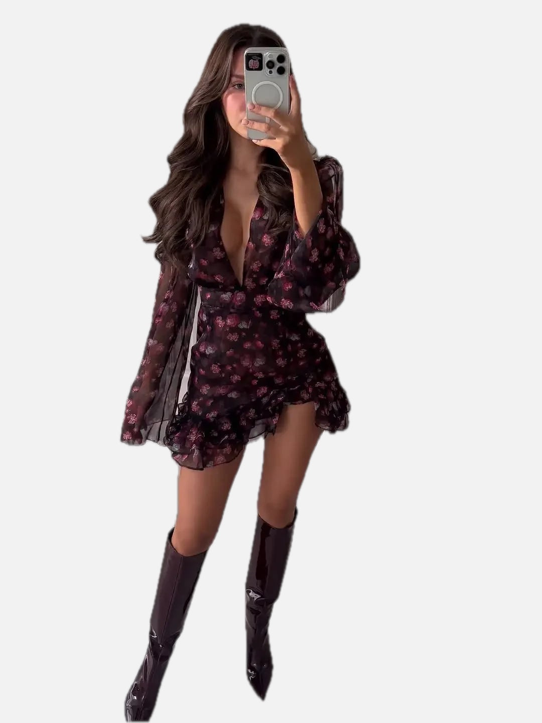 Women's Floral Dress with Ruffle Hem and Deep V-neck