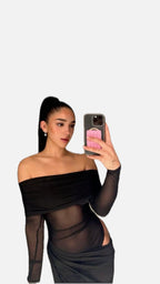 Women's Maxi Dress Off-Shoulder Mesh with Long Sleeves - 1
