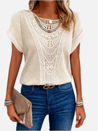 Women Waffle-Knit Top with Crochet Lace Trim and Round Neckline