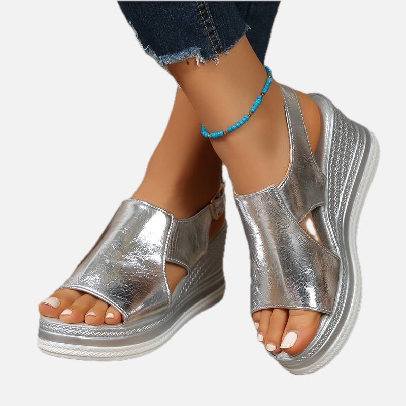 Women's Wedge Sandals with Cutout Upper and Slingback Buckle