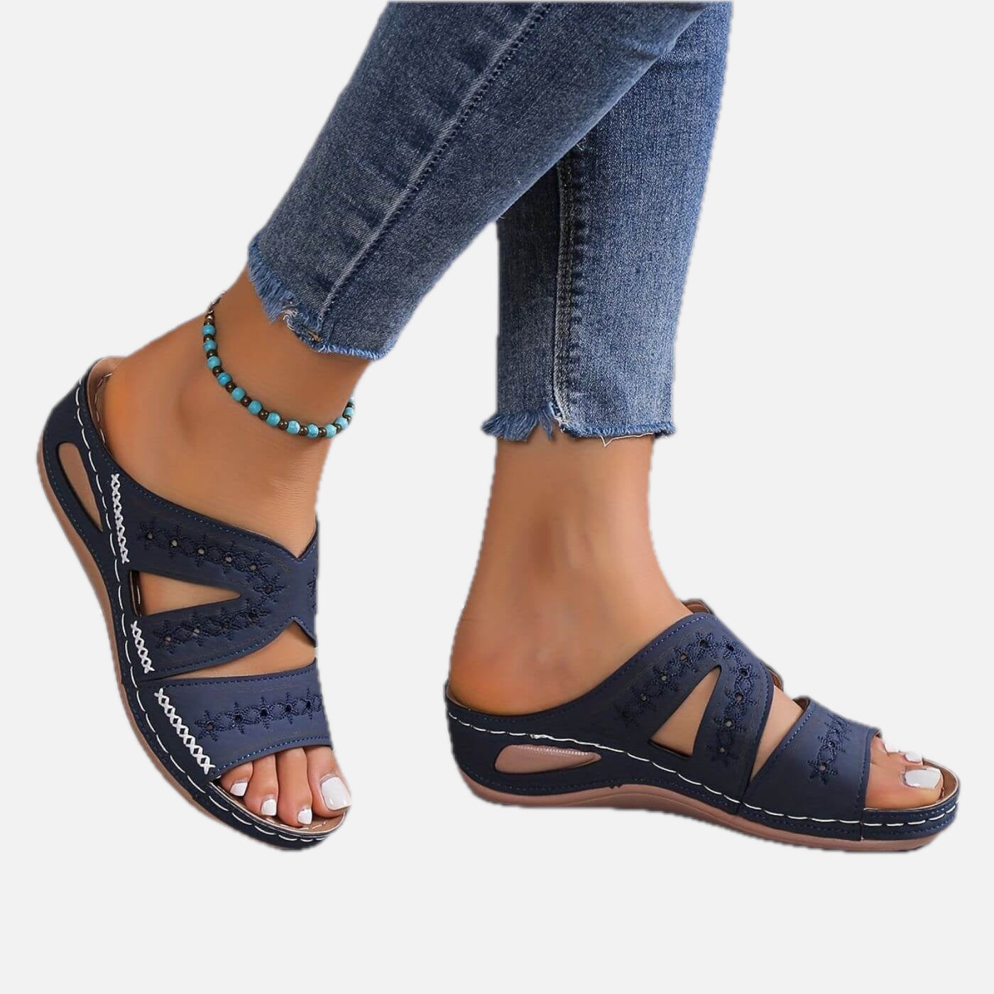 Women's Slide Sandals with Embroidered Cutout Straps and Wedge Sole