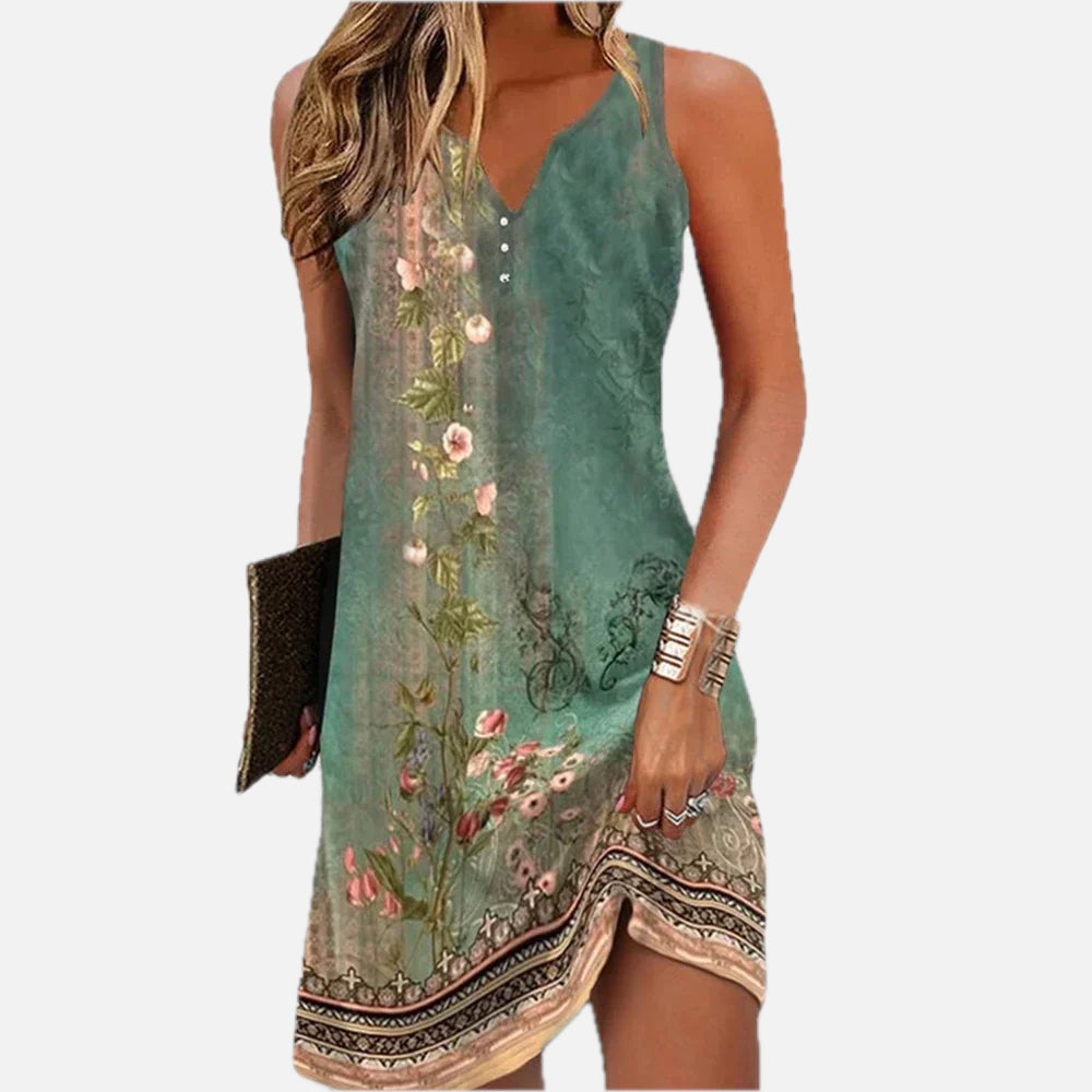 Women's Sleeveless Floral Dress with V-Neck and Shift Silhouette