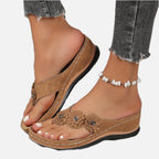 Women's Toe-Post Sandals with Floral Detail and Low Wedge