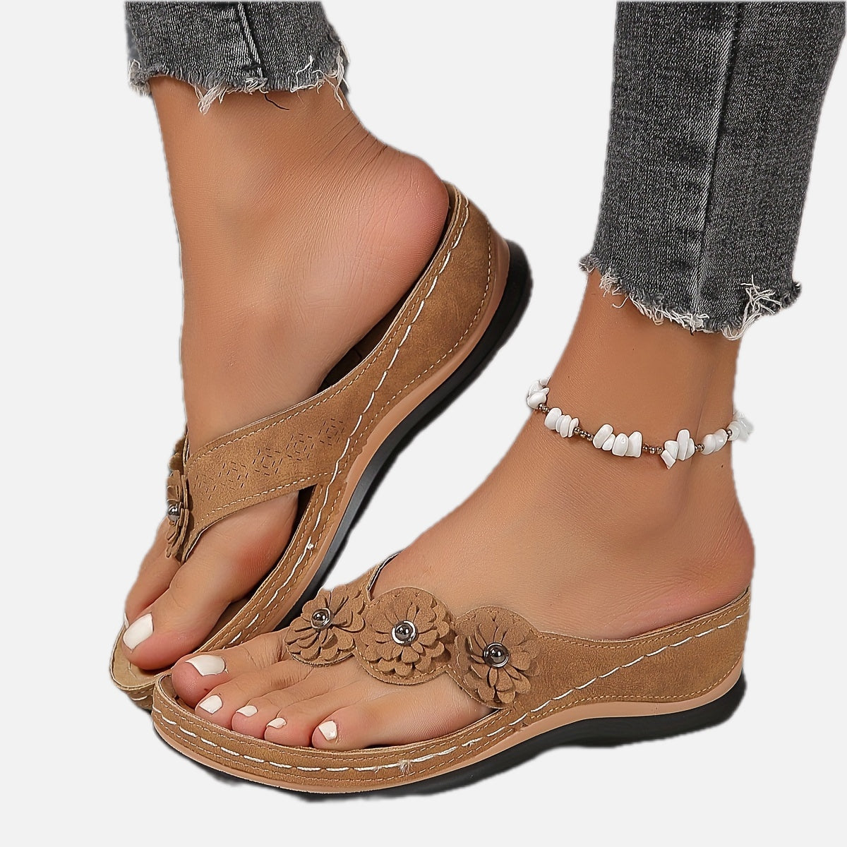 Women's Toe-Post Sandals with Floral Detail and Low Wedge