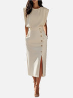 Women's Bodycon Midi Dress Sleeveless with Button Detail and Side Slit