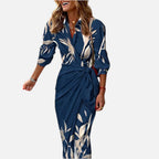 Women Midi Shirt Dress Leaf Print with Twist-Waist Detail