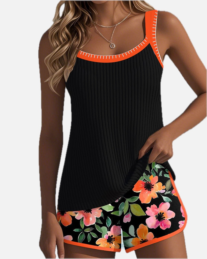 Tummy-Control Tankini Swimsuit Set with Floral Shorts