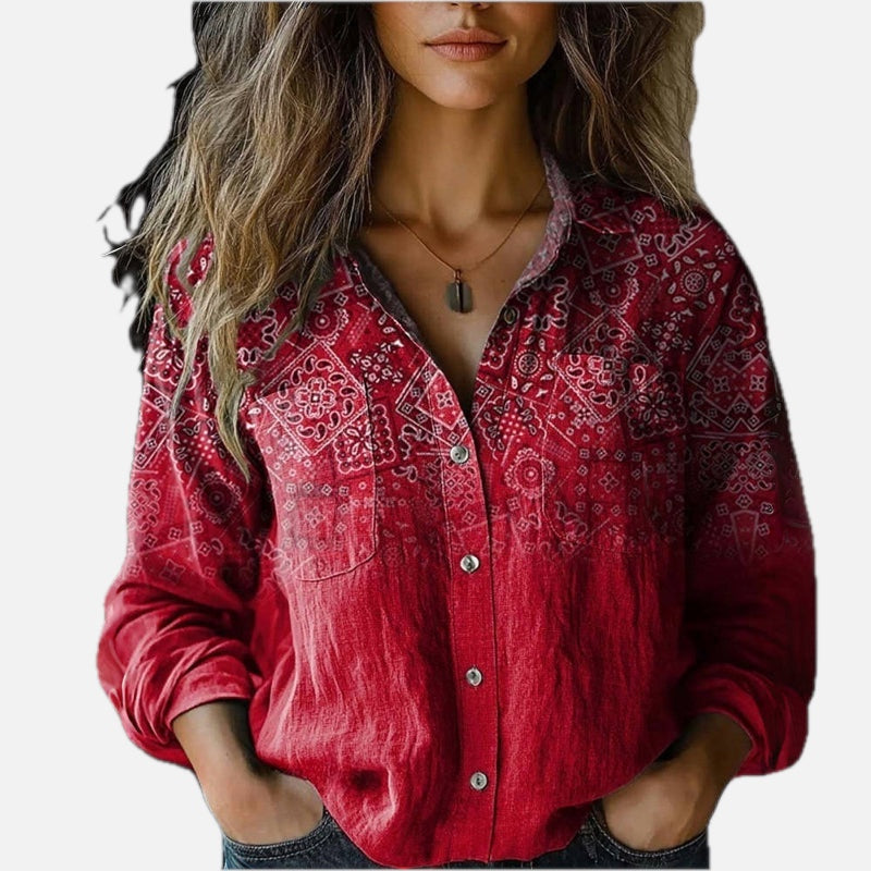 Women's Blouse Long Sleeve with Paisley Print and Collar - 1