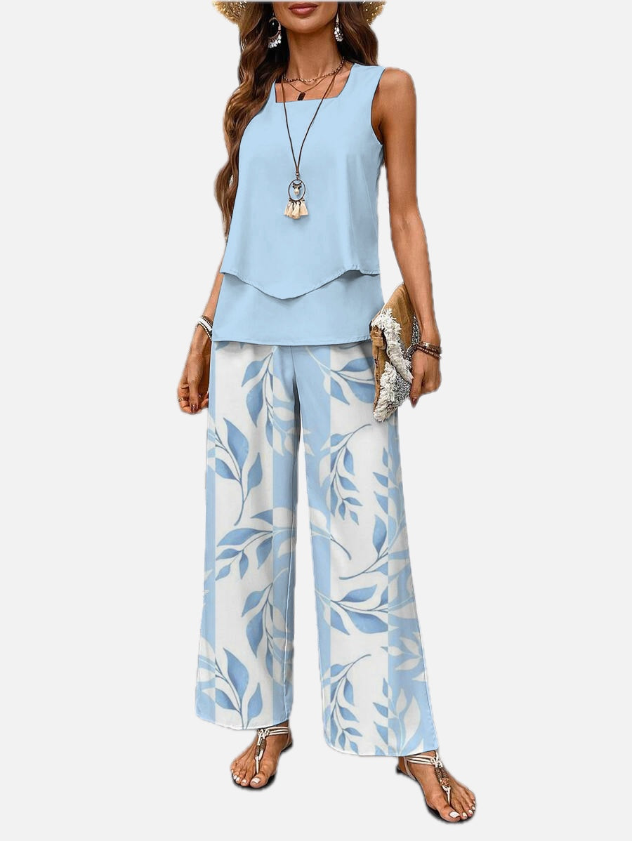 Women Two-Piece Set Layered Sleeveless Tank with Printed Wide-Leg Trousers