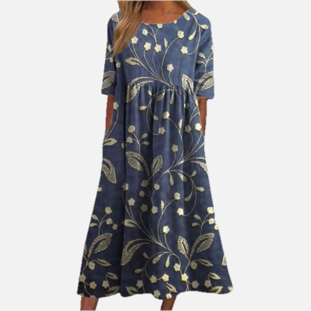 Women's Floral Print Midi Dress with Half Sleeves and Pockets