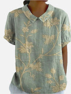 Women's Blouse Puff Sleeve with Collar and Floral Embroidery