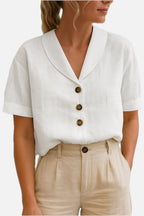 Women's Shawl-Collar Blouse Short Sleeve with Button Front