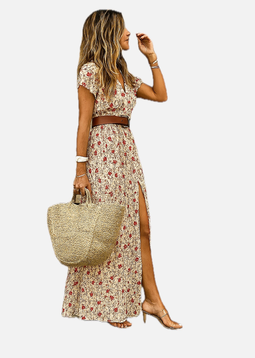 Women's Maxi Dress Short Sleeve V-Neck with Belt and Side Slit