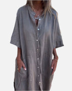 Women Shirt Dress Button-Up with Short Sleeves and Side Pockets