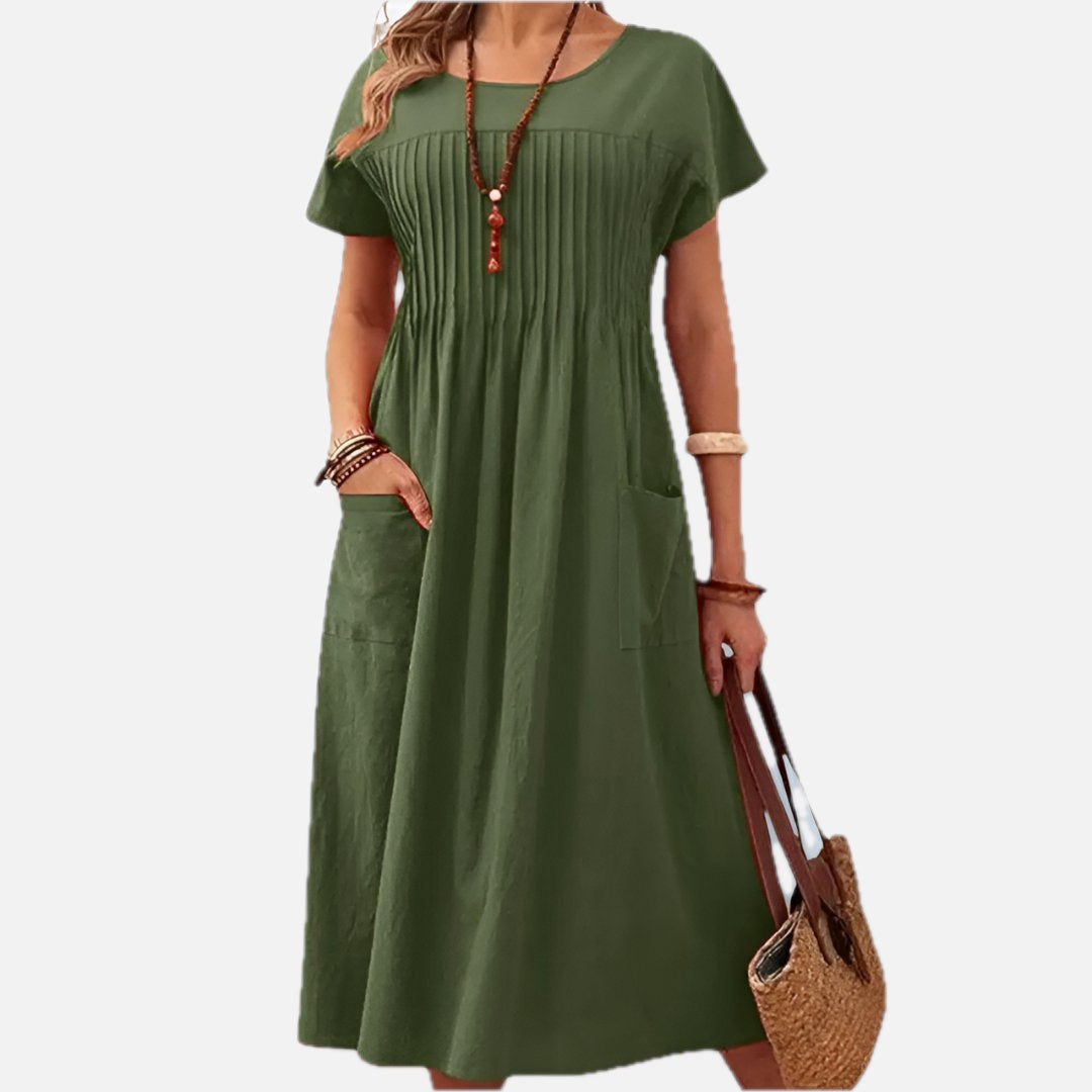 Women's Midi Dress Short Sleeve with Pintuck Pleating and Pockets