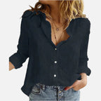 Women's Button-Down Shirt with Lapel Collar and Long Sleeves