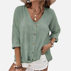 Women's V-Neck Button-Up Blouse with Roll-Up Sleeves