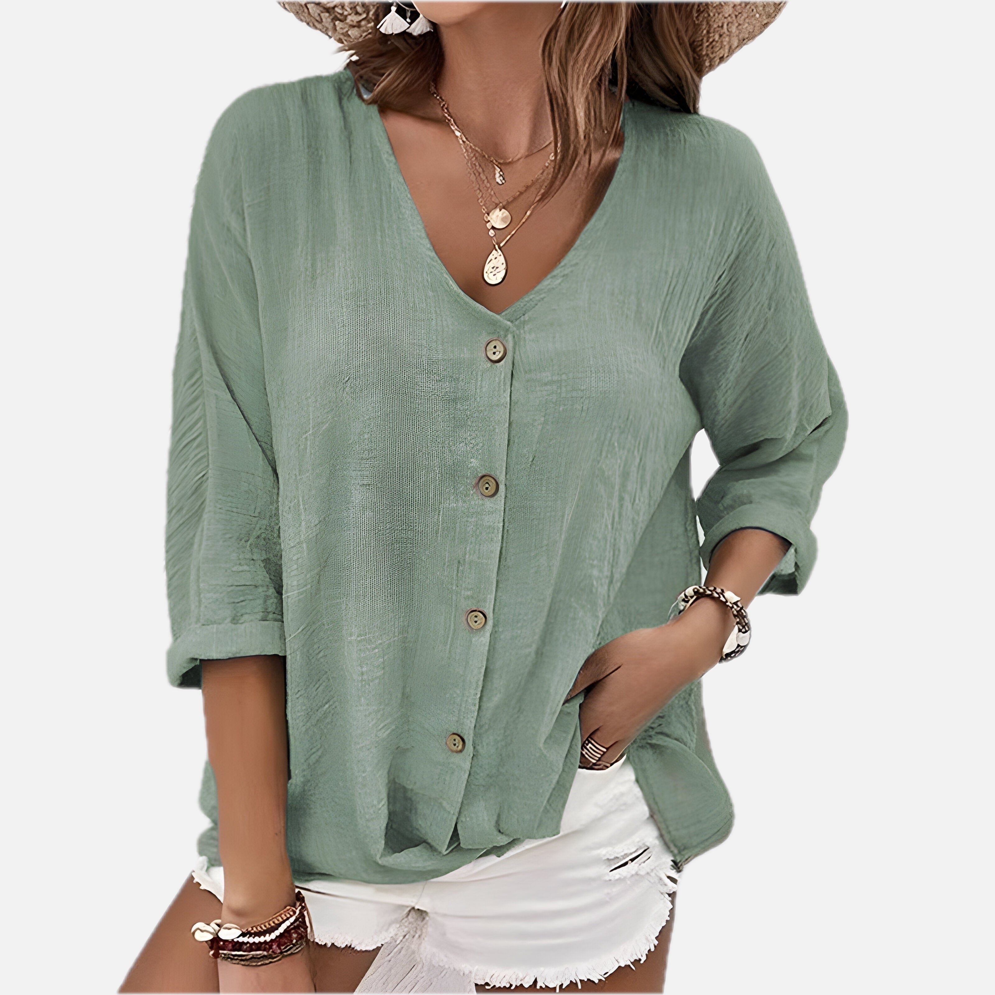 Women's V-Neck Button-Up Blouse with Roll-Up Sleeves