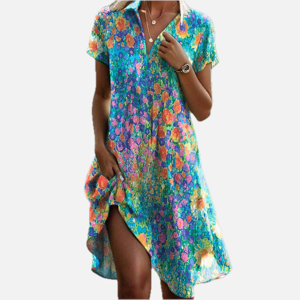 Women's Floral Print Short-Sleeve Dress with V-Neck and A-Line Cut - 1
